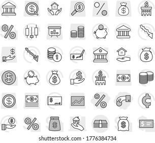 Editable thin line isolated vector icon set - hand coin, percent, library, real estate, money, house hold vector, bank, japanese candle, crisis, bag, piggy, investment, stack, check, building, arrow