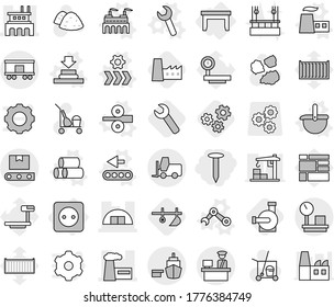 Editable thin line isolated vector icon set - nail, hangare, factory, port, customs control, fork loader, warehouse scales, railroad shipping, transporter tape, power socket, table, vector, press