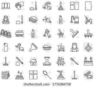 Editable thin line isolated vector icon set - washing, vacuum cleaner, filter vector, rag, scraper, trolley, mop, car fetlock, window cleaning, toilet brush, agent, shining, woman, clean floor