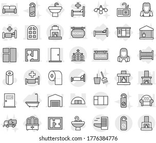 Editable Thin Line Isolated Vector Icon Set - Hospital Bed Vector, Hangare, Door, Arch Window, Hotel, Do Not Distrub, Sink, Bath, Wardrobe, Dresser, Crib, Fireplace, Toilet Paper, Water Closet, Barn