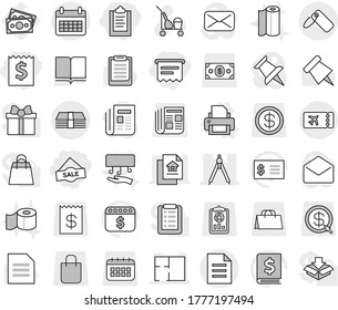 Editable thin line isolated vector icon set - clipboard, receipt, sale, atm, drawing compasses, plan, money, calendar, document, label, ticket, printer vector, cleaner trolley, toilet paper, towel