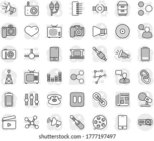 Editable thin line isolated vector icon set - camera, connect vector, share, newspaper, cinema clap, film frame, spool, disk, microphone, radio, antenna, loudspeaker, settings, equalizer, classic