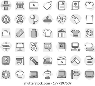 Editable thin line isolated vector icon set - bow, label, medal, shop signboard, singlepost, anamnesis vector, cross, signpost, document, photo, hanger, computer, bank, cutting board, notebook pc