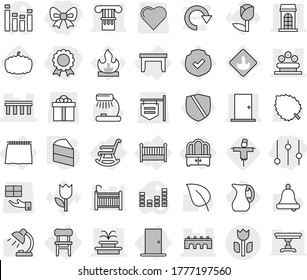 Editable thin line isolated vector icon set - bow, equalizer, medal, column, bridge, building, door, fountain, flower bed, perishable, curtain, table, dresser, chair, crib, rocking, cake, jug, lamp