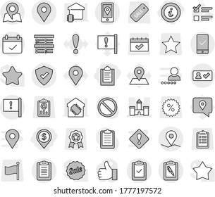 Editable thin line isolated vector icon set - clipboard, dollar pin, info, castle, geo, important flag, mobile location, terms, pen, check, protected, in, checking, map, exam vector, attention, star