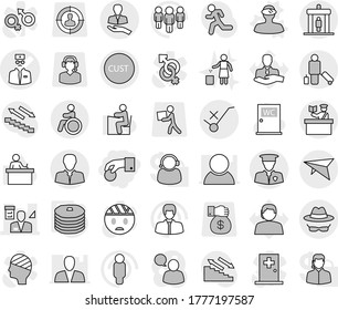 Editable thin line isolated vector icon set - hand coin, doctor vector, architector, client, customs, do not trolley sign, security man, confidential, deltaplane, detector, passenger, inspector