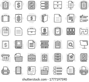 Editable thin line isolated vector icon set - clipboard, receipt, account balance, list, anamnesis vector, archive, slum, check, document, passport, printer, exam, case, annual report, binder