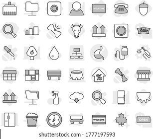Editable thin line isolated vector icon set - market, magnifier, stomach vector, stadium, watch, ring button, welcome mat, welding, cow, udder, acorn, water drop, sprayer, maple leaf, foam bucket