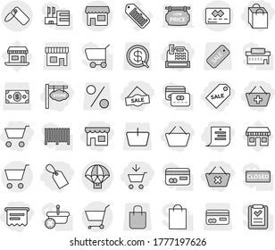 Editable thin line isolated vector icon set - cart, add to, basket, delete, shop, shopping list, bag, label, sale, cashbox, atm receipt, store signboard, credit card, parachute delivery, barcode