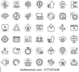 Editable thin line isolated vector icon set - dollar pin, left arrow, singlepost, male sign vector, geo, route, package, stopwatch, compass, recycle, browser window, reload, percent growth, target