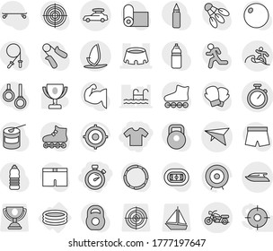 Editable thin line isolated vector icon set - t shirt, stopwatch, stadium, car baggage, deltaplane, motorcycle, surfer, yacht, windsurfing, inflatable pool, award cup vector, target, weight, fitball