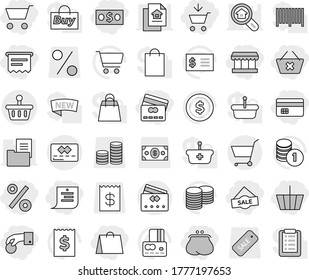 Editable thin line isolated vector icon set - cart, add to, basket, hand coin, money, credit card, purse, delete, shopping list, market, bag, sale, percent, atm receipt, dollar vector, stack, search
