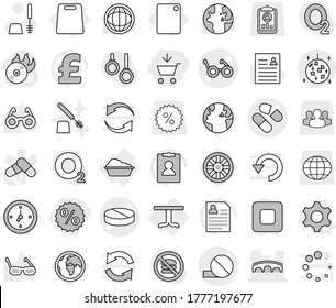 Editable thin line isolated vector icon set - add to cart, percent, pill vector, pacemaker, bridge, disco ball, watch, table, washing, cutting board, gear, wheel, toilet brush, glasses, world, pound