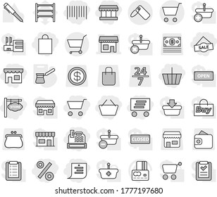 Editable thin line isolated vector icon set - cart, basket, shop, shopping list, market, bag, sale, percent, bar code, cashbox, delivery, store signboard, label, turk, pen vector, credit card, purse
