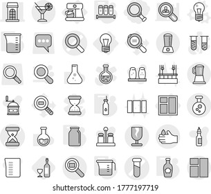 Editable thin line isolated vector icon set - magnifier, vector, sand clock, test vial, building, fragile, acid, chemical, cargo search, cocktail, bulb, coffee maker, window, vegetable oil, spices