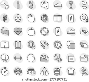 Editable thin line isolated vector icon set - diet vector, barbell, heart pulse, stadium, stopwatch, clipboard, bike, hand trainer, punching bag, fitball, muscule, snickers, boxing glove, shorts