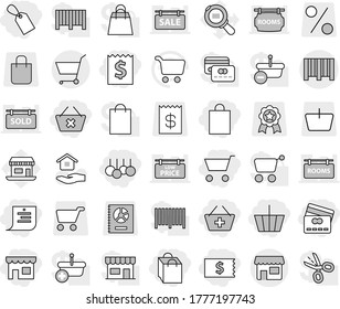 Editable thin line isolated vector icon set - cart, basket, receipt, add to, delete, credit card, shop, shopping list, bag, label, sale, bar code, house hold vector, office, cargo search, percent