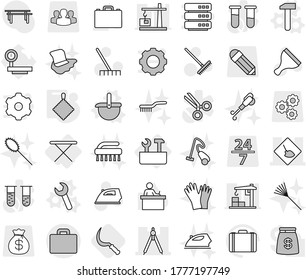 Editable thin line isolated vector icon set - under construction, drawing compasses, suitcase, iron board, repair tools, ladle vector, hammer, wrench, rag, sickle, scraper, rake, blower, gloves