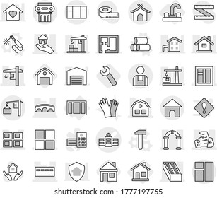 Editable thin line isolated vector icon set - hospital vector, bunker, modern architecture, panel house, window, brick, bridge, tower crane, real estate, arch, loading, workman, bungalow, home, barn