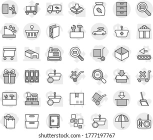Editable thin line isolated vector icon set - gift, shopping bag, box, cashbox, cargo stoller, tools, archive vector, warehouse, dry, courier delivery, package, search, basket, car baggage, repair