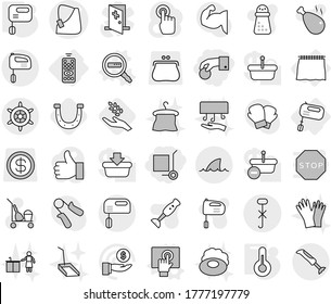 Conjunto de iconos de vector aislados de línea delgada editable - moneda de mano, stoller de carga, vector roto, no enganche, volante, aleta de tiburón, control remoto, cortina, mezclador, pantalla táctil, búsqueda de datos, cosecha