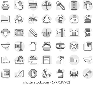 Editable thin line isolated vector icon set - basket, medical flag vector, archive, ruler, tower crane, greenhouse, dry cargo, sorting, cafe, bulb, water tap, colander, mushroom, beans, spruce, jar