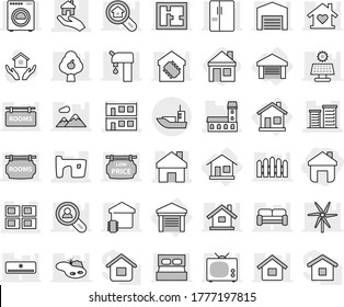 Editable thin line isolated vector icon set - home, mansion, slum, modular house, panel, district, real estate, sea shipping, garage, hold vector, pond, solar, windmill, water supply, fruit tree, tv