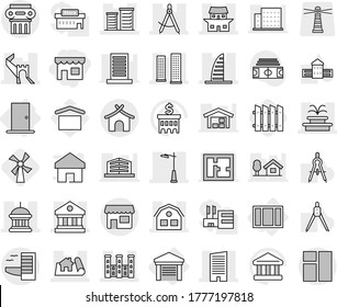 Editable thin line isolated vector icon set - shop, greate wall, draw compass, project, goverment house, library, skyscrapers, skyscraper, district, japanese, fountain, palace, outdoor light, hotel