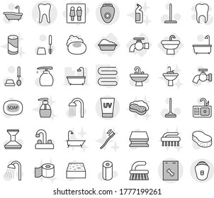 Editable thin line isolated vector icon set - wc, tooth vector, roentgen, uv cream, water tap, sink, washing, towel, soap, fetlock, mop, sponge, car, bath, toilet brush, liquid, paper, shower