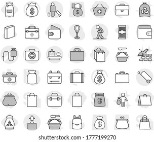 Editable thin line isolated vector icon set - wallet, purse, add to basket, shopping bag, doctor vector, case, dropper, tourist, passenger, suitcase, baggage checking, flour, fertilizer, garbage