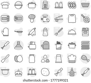 Editable thin line isolated vector icon set - chicken leg, cutting board, pan, colander, cook hat, apron, glove, garlic clasp, big fork, blender, salt pepper, grater, vector, camping cauldron, towel