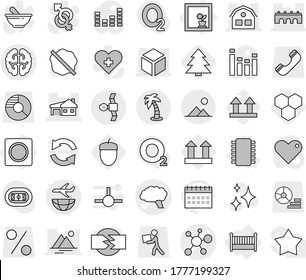 Editable thin line isolated vector icon set - virus vector, brain, bridge, house with garage, 3d, satellite, plane shipping, palm, landscape, flower in window, crib, ring button, chip, honeycombs