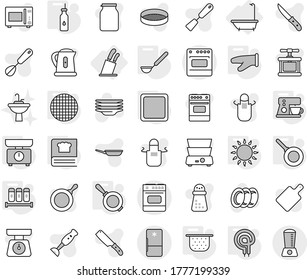 Editable thin line isolated vector icon set - bath, stands for knives, pan, vegetable oil, colander, kitchen scales, cook glove, cutting board, ladle, gas oven, elecric, cooking book, spices, sieve
