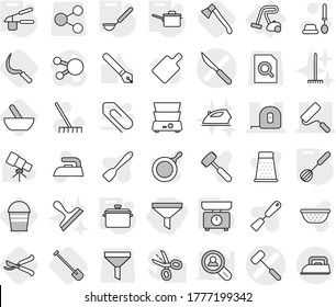 Editable thin line isolated vector icon set - funnel, scalpel vector, doctors hammer, measuring tape, repair, vacuum cleaner, pan, saute, kitchen scales, garlic clasp, whisk, ladle, mortar, shovel