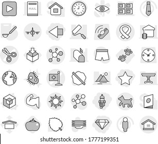 Editable thin line isolated vector icon set - star, left arrow, spark plug, diamond, scissors vector, virus, medical harness, flag, panel house, repair, plane, sun, dog, pets, 3d, ladle, tomato, man