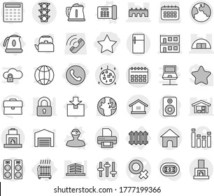 Editable thin line isolated vector icon set - star, phone, female sign vector, calendar, bridge, hangare, modular house, traffic light, earth, disco ball, radiator, kettle, office, vr helmet, world