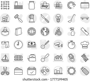 Editable thin line isolated vector icon set - pill vector, scalpel, project, level, fence, globe, clock, terms, package, aquapark, invalid, surveillance, circuit, skimmer, scissors, induction oven