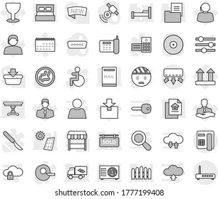 Editable thin line isolated vector icon set - phone vector, support, client, calendar, glass, top sign, package, disk, satellitie, hdmi, disabled, insemination, scalpel, microbs, hospital building