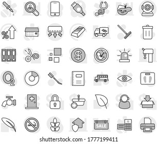 Editable thin line isolated vector icon set - rake vector, trash bin, water tap, car fetlock, copybook, pen, school bus, leaf, gold ingot, pie graph, percent growth, binder, scales, cereals, oxygen