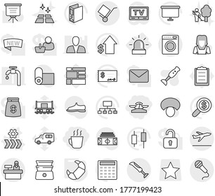 Editable thin line isolated vector icon set - scales, hot drink, trolley, departure, reception, alarm, conveyor vector, croissant, cleaner woman, clean floor, garden cleaning, double boiler, blender