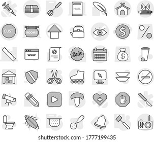 Editable thin line isolated vector icon set - dollar coin, eye vector, ruler, money, calendar, customs, bungalow, no smoking, bell, colander, whisk, scissors, meat hammer, mushroom, trash bin, bug
