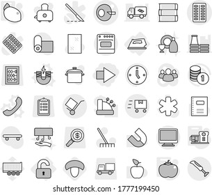 Editable thin line isolated vector icon set - right arrow, artificial insemination vector, pills blister, trolley, fast deliver, unlocked, iron, electric magnet, phone, food processor, tomato, lemon