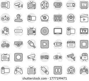 Editable thin line isolated vector icon set - surveillance, intercome, camera, tv, web vector, vr helmet, projector, cd, cinema clap, film spool, gamepad, video, remote control, play button, pause