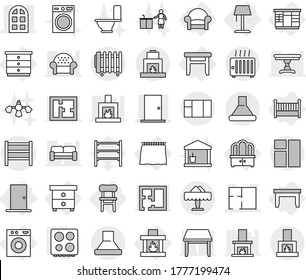 Editable thin line isolated vector icon set - door, arch window, plan, rack, restaurant, curtain, table, nightstand, chest of drawers, wardrobe, dresser, stool, chair, armchair, crib, fireplace, hob