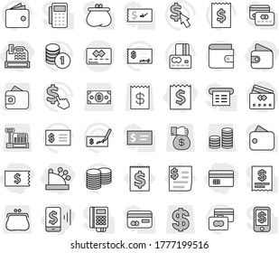 Editable thin line isolated vector icon set - credit card, receipt, mobile pay, wallet, cashbox, vector, coin stack, check, dollar cursor, purse, money, gift, reader, tap