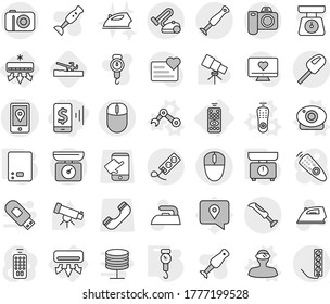 Editable thin line isolated vector icon set - mobile pay, location, air conditioning, remote control, vector, web camera, vr helmet, robot hand, kitchen scales, handle, soil cutter, iron, blender