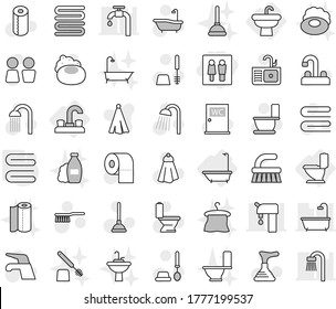 Editable thin line isolated vector icon set - wc, water tap, sink, bath, toilet, towel, soap vector, plunger, fetlock, brush, paper, shower, closet, shampoo, hanger, supply