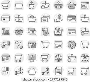 Editable thin line isolated vector icon set - cart, add to, basket, hand coin, credit card, account balance, remove from, shop, vector, investment, dollar medal, monitor, target audience, money gift