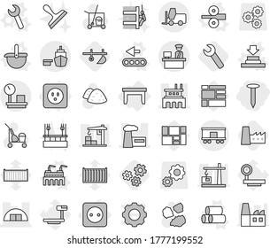 Editable thin line isolated vector icon set - nail, hangare, factory, port, customs control, fork loader, warehouse scales, railroad shipping, power socket, table, vector, press, ladle, pipes, plow