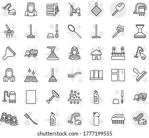 Editable thin line isolated vector icon set - vacuum cleaner, filter vector, rag, scraper, trolley, mop, car fetlock, window cleaning, toilet brush, agent, shining, woman, sweeper, clean floor